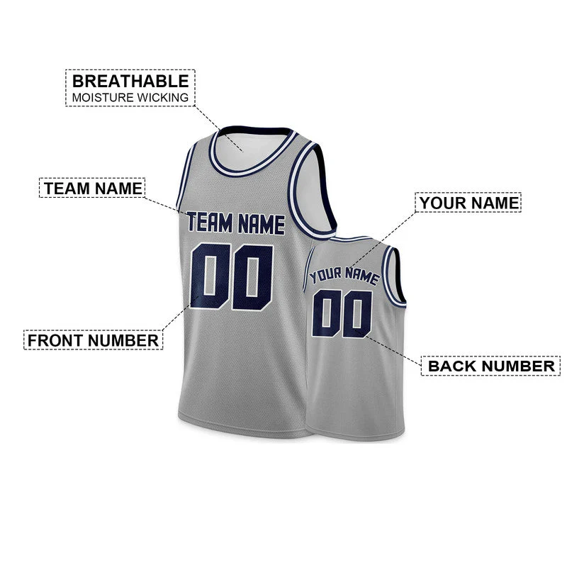 Custom Gray Navy Round Neck Rib-Knit Basketball Jersey