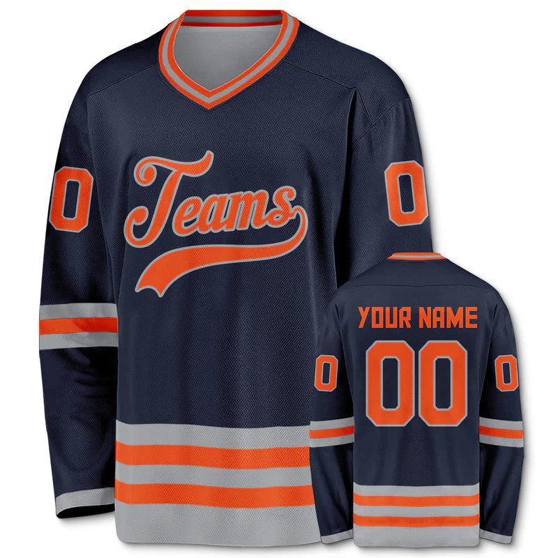 Custom Navy Orange-Gray Authentic Hockey Jersey